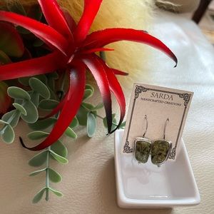 SARDA Sterling Silver & Polished Green Stone Pierced Drop Earrings